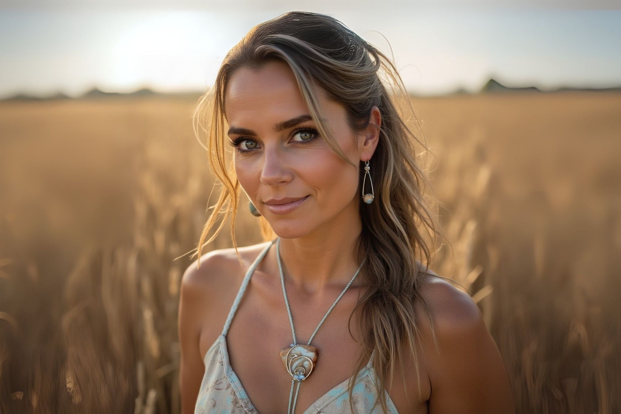 Woman standing in a field with a blurred background