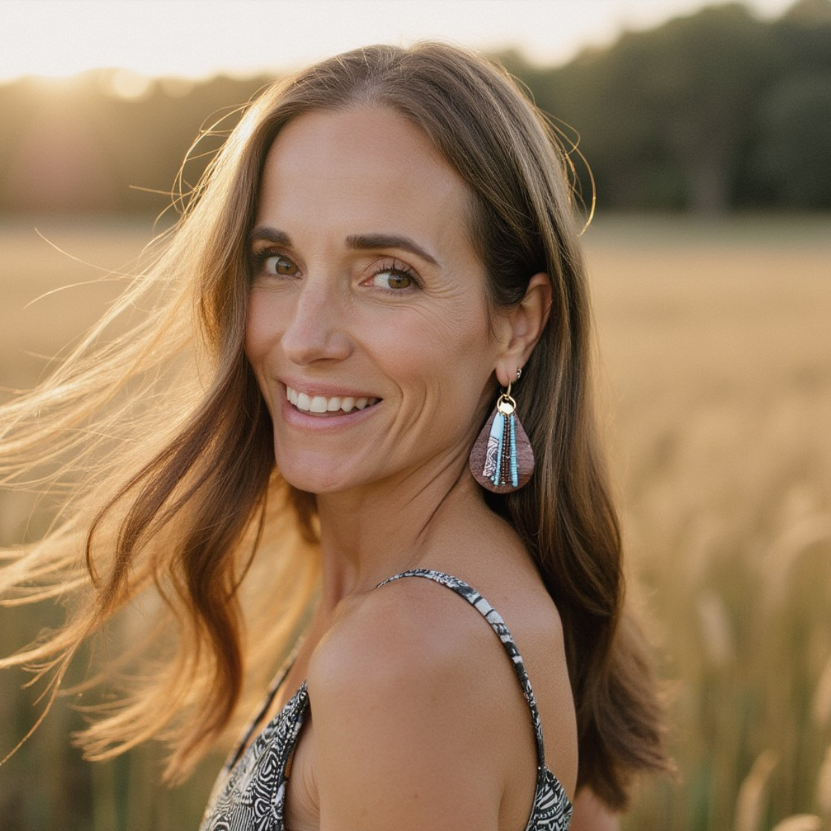 This collection is our Boho Style earrings., The image for the collection is a young women wearing a pair of boho earrings, in a sun dress. She is standing in a grass field and the light is shining on her. 